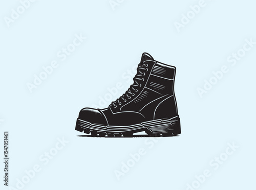 Resilient work boot with durable construction, thick safety sole, reinforced toe shield, and highly structured lace system for rough environments