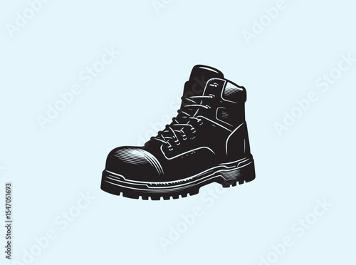 A rugged work boot featuring a thick, high-traction sole, reinforced toe cap, and prominent lace structure, designed for durability and heavy-duty protection