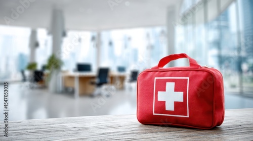Emergency first aid kit preparation office environment still life bright interior health and safety concept 