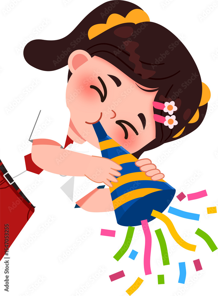 Cheerful Cartoon Girl Blowing Party Horn with Confetti. Cheerful Cartoon Girl Blowing Party Horn with Confetti.