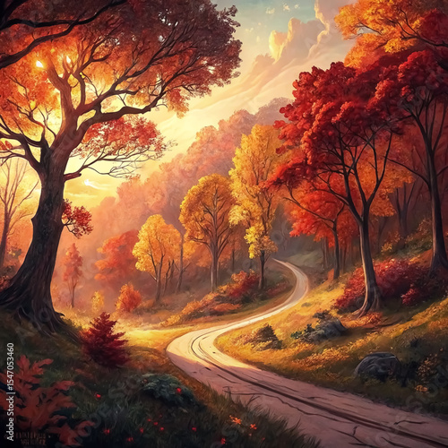 Autumnal Landscape: Winding Road Through Vibrant Fall Foliage