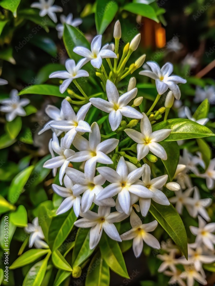 Fototapeta premium Night-blooming jasmine flower cluster on a bush in high definition for architectural visualization and interior design purposes
