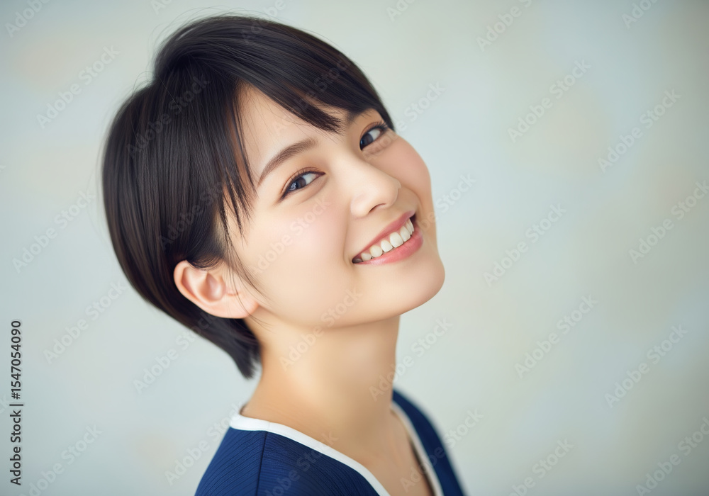 清潔感のある黒髪ストレートショートヘアと幸せそうな笑顔の女性 清潔感のある黒髪ストレートショートヘアと幸せそうな笑顔の女性