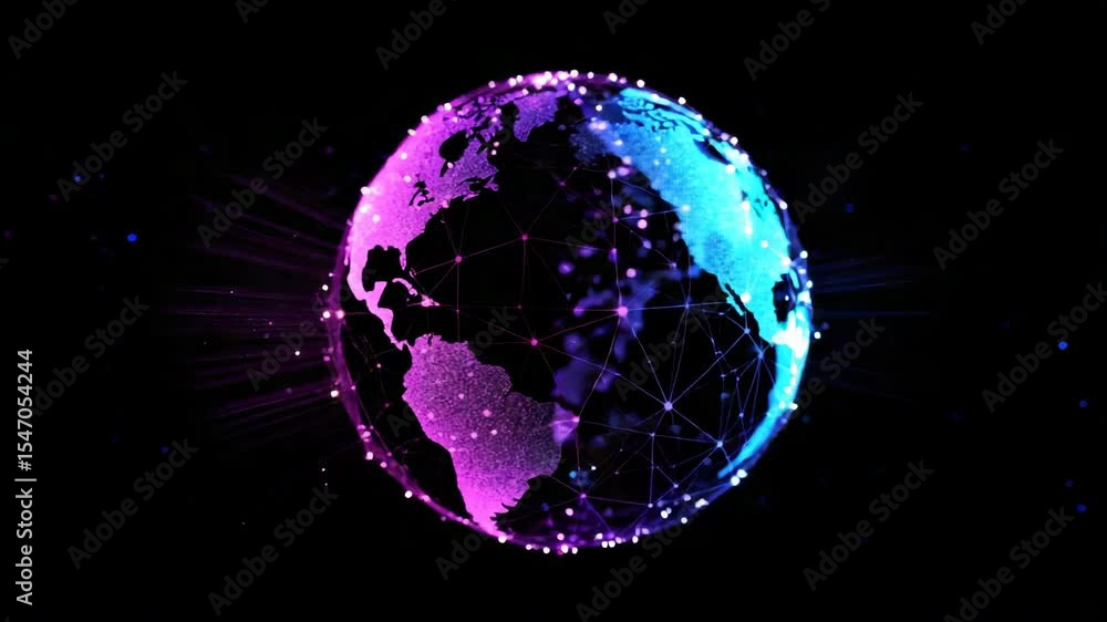 Glowing digital globe network connection technology data futuristic blue and purple abstract earth global communication innovation, digital globe network earth technology data connection glowing