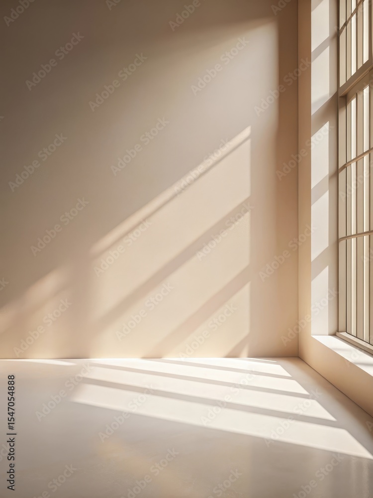 Fototapeta premium A minimalist abstract scene with a gentle light beige background featuring soft shadow projections from natural window light onto the wall surface
