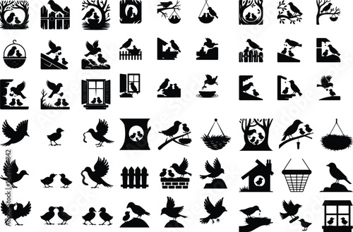 Mother Bird with Baby Chicks Vector Silhouette Set Bird Feeding Chicks Silhouette Set – Nature Care Icon Collection