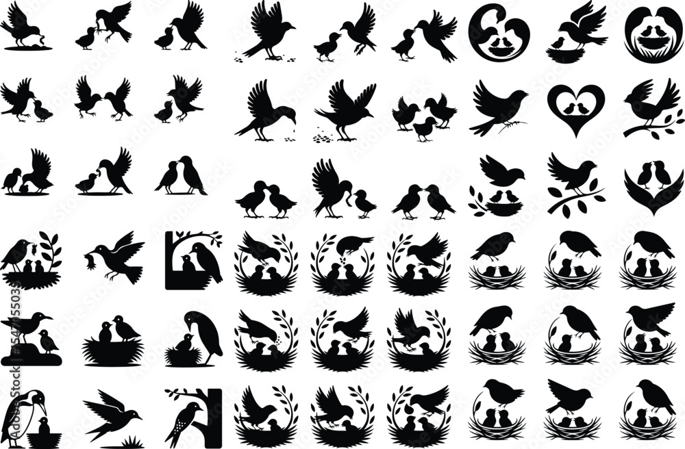 Naklejka premium Mother Bird with Baby Chicks Vector Silhouette Set Bird Feeding Chicks Silhouette Set – Nature Care Icon Collection