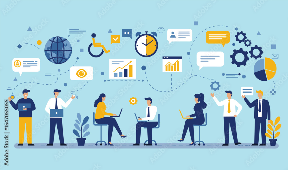 Global Business Team: Collaboration, Communication, and Productivity in a Diverse Work Environment flat vector illustration Global Business Team: Collaboration, Communication, and Productivity in a Diverse Work Environment flat vector illustration