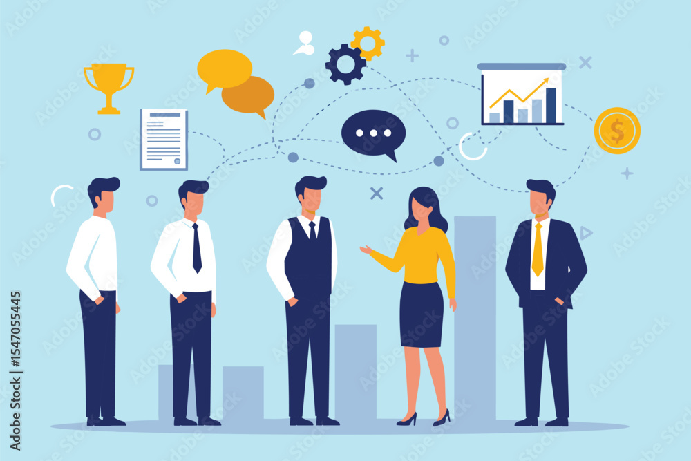 Collaborative Business Team: Strategic Planning, Communication, and Goal Achievement for Success flat vector illustration Collaborative Business Team: Strategic Planning, Communication, and Goal Achievement for Success flat vector illustration