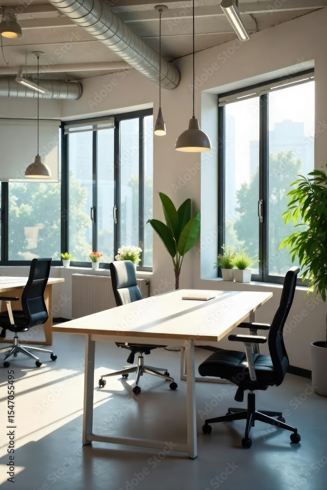 Fototapeta premium Bright, modern office space with large windows and stylish pendant lights illuminating clean desks and minimalist decor, creating a productive and inviting atmosphere , bright, light fixtures, clean