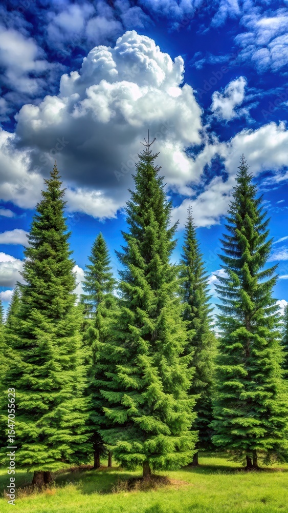 Dense group of mature evergreen trees standing together against a bright blue sky with fluffy white clouds Dense group of mature evergreen trees standing together against a bright blue sky with fluffy white clouds