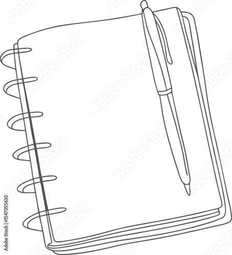 Notebook with pencil and pen surrounded by floral decorative frame on blank vintage paper design