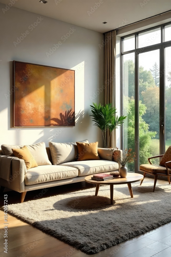 Fototapeta premium Stylish living room interior with modern furniture, plush rug, and natural light streaming through large windows, creating a warm and inviting atmosphere , furniture arrangement, elegant, apartment