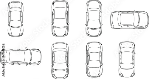 Top view car vector illustration, black line vehicle silhouette set, isolated modern car design, auto graphic outline, transportation icon collection, traffic symbol design element