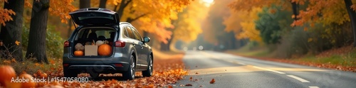 A family's car packed for a Thanksgiving road trip, autumn leaves scattered on the ground beside it Ready for adventure and family time this holiday season , pumpkin, holiday, harvest