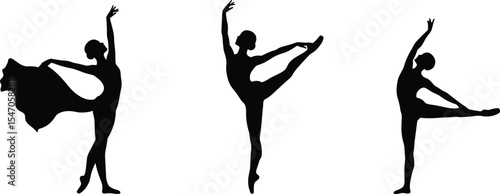 Elegant ballerina silhouette dance poses, classical ballet vector illustration, graceful dancer movements, modern art design, woman ballet figure, performing arts concept, stage performance clipart