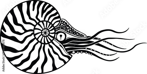 Black and white artistic nautilus illustration, marine animal vector, ocean life clipart, underwater tentacles drawing, shell pattern design, cephalopod artwork, hand-drawn sea creature graphic