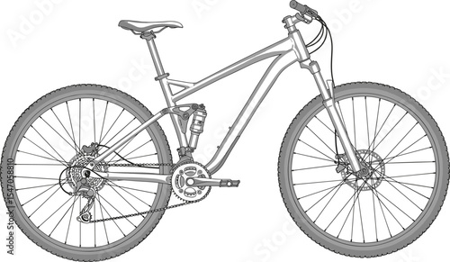 Detailed mountain bike technical drawing, suspension frame illustration, cycling gear outline, mechanical bicycle design, sport vehicle vector, engineering line art for outdoor adventure graphics,