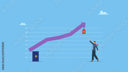 Vector illustration of businessman trying to reach the rising chart with oil price tag. Isolated rising crude oil prices concept.