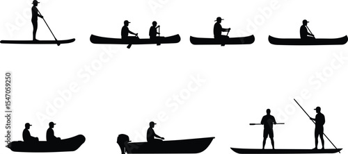 Silhouette of people boating, canoeing, paddling, fishing, and kayaking, recreational water activities, black vector illustration, isolated clipart design for adventure, travel, 