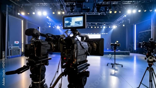 Multiple professional digital video cameras focused on lit stage in television studio ready for filming a broadcast or recording a performance