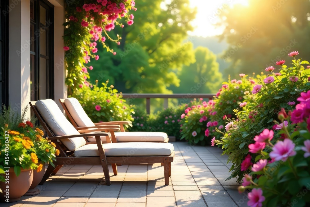 Obraz premium Relaxing summer day, vibrant flowers in full bloom, sun-drenched patio furniture inviting leisurely moments of peaceful repose and quiet contemplation , quiet, idleness