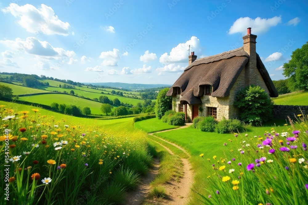 Fototapeta premium Rolling green hills, stone walls, and a quaint thatched cottage nestled amongst wildflowers under a vibrant blue sky A quintessential image of idyllic English countryside serenity , pastoral, wall