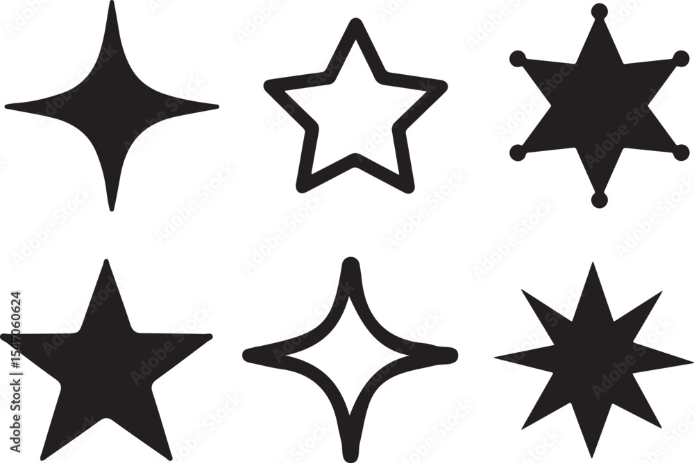 Obraz premium Black Silhouette Star Icon Set Illustration. Minimal Star Design in Black Silhouette Style. Star Shape Collection in Black Silhouettes. Simple Black Silhouette Star Graphic Set