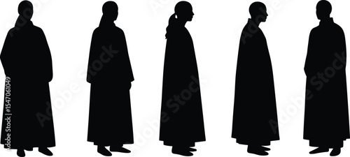 Silhouette monks standing, black robed figures, traditional clothing, side view, group of monks, spiritual lifestyle, Buddhist attire, peaceful pose, religious culture