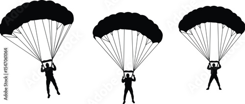 Parachuting silhouettes, skydivers descending with parachutes, vector illustration, extreme sport, air adventure, black and white figures, parachute gear, jump scene, aerial action, isolated graphic