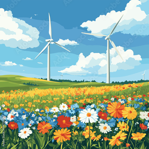 Wind farm with two wind turbines and a field of flowers, vector style simple color