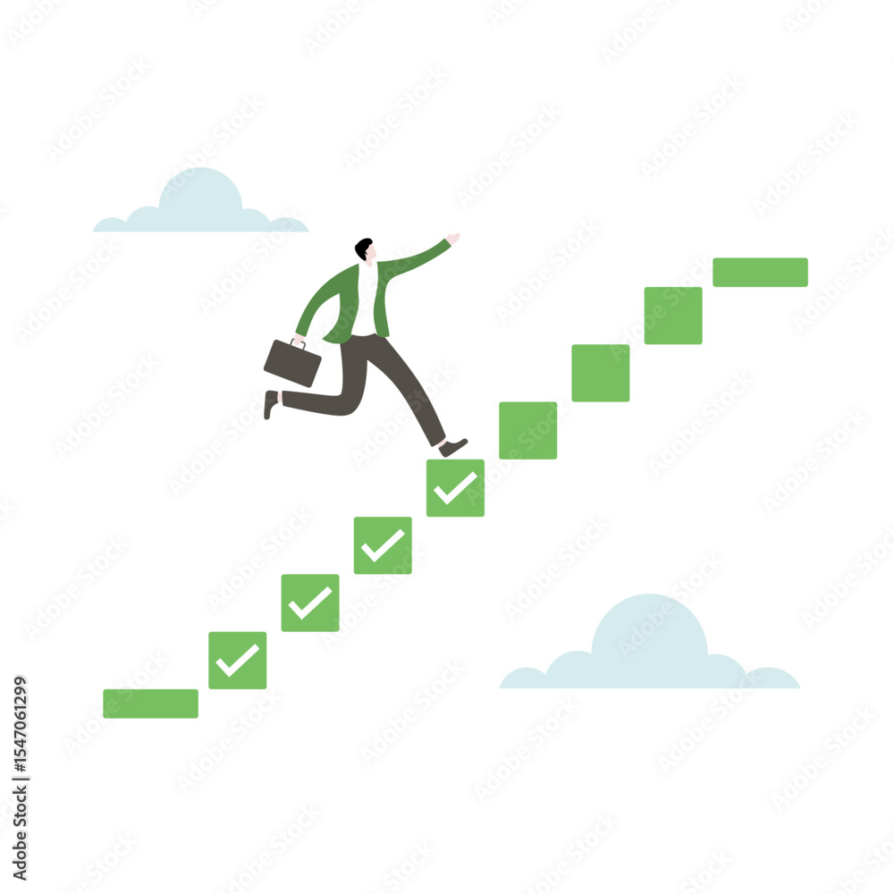 Obraz premium Task Completion Vector Illustration – Businessman Climbing Checklist Steps to Success
