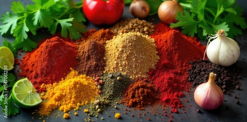 Vibrant array of Mexican spices and ingredients, including chilis, cilantro, lime, and onions, ready for cooking Perfect for adding authentic Mexican flavor to your dishes , delicious, chili, spices