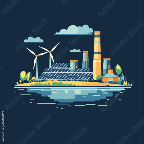 Minimalistic vector image of solar panels and wind turbines, hydroelectric power plants. Alternative sources of energy. Ecological energy, vector style simple color