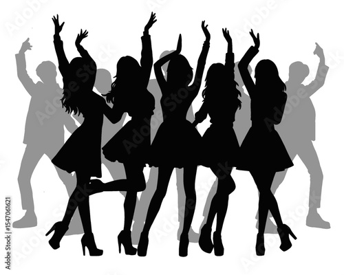 Silhouette of female idol group, group of beautiful women dancing and partying, icon isolated on white background
