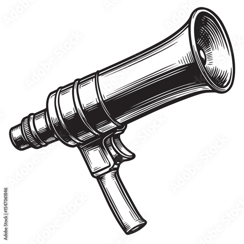 A detailed vintage art silhouette illustration of a classic retro megaphone in black and white