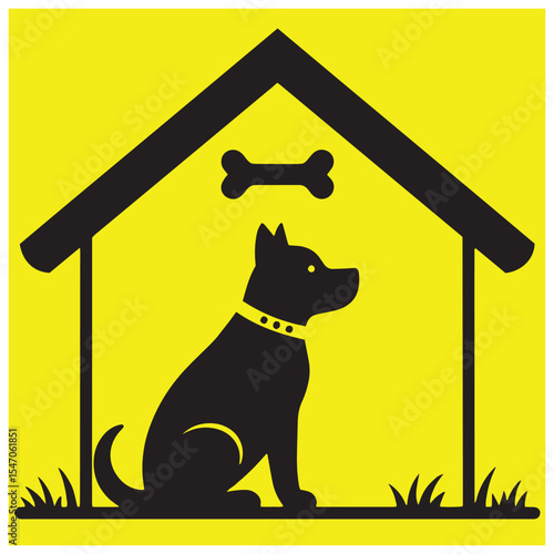 Black dog sitting patiently in doghouse with bone symbol against yellow background.