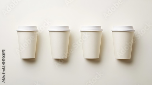 White Disposable Coffee Cups in a Row on Light Background