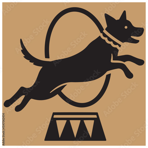 Silhouette illustration of a jumping dog performing a circus act through a hoop on a tan background
