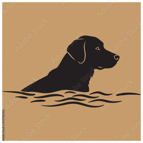Silhouette of a black labrador retriever swimming in water against a tan background