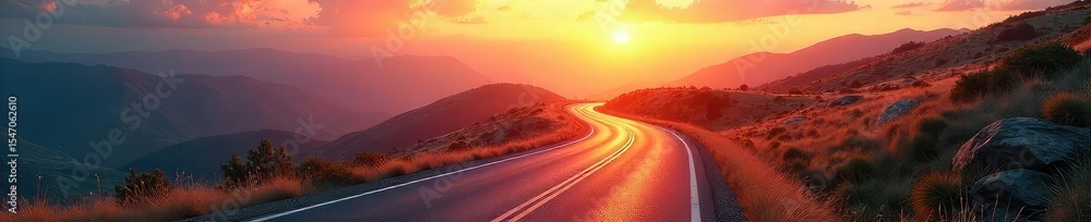 Fototapeta premium A winding road stretches towards a bright horizon, symbolizing the journey of a career path, full of opportunities and challenges ahead , steps, path, elevation