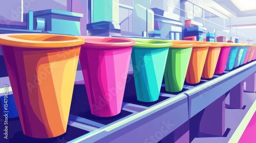 Colorful Flower Pots on Conveyor Belt in Bright Workshop Environment