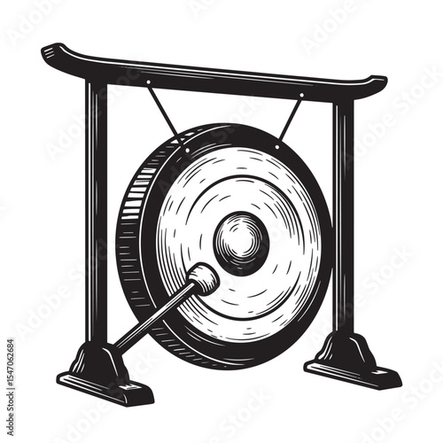 Classic vintage art silhouette illustration of a large gong with stand and mallet