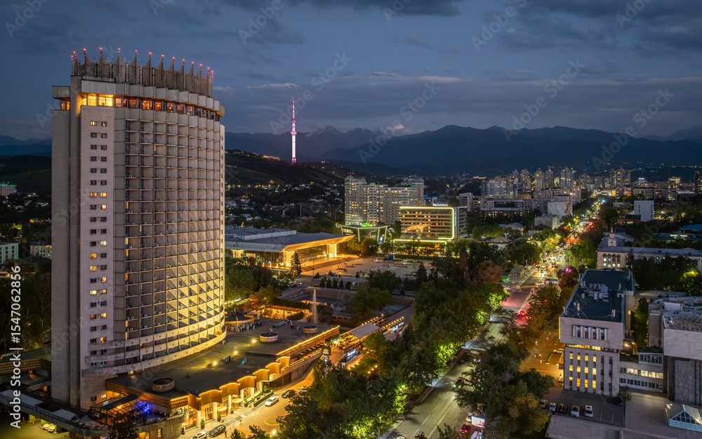 Obraz premium View from a quadcopter on the central part of the Kazakh city of Almaty on a summer evening