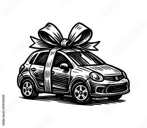 Car with a large bow on the roof, in woodcut style black and white illustration