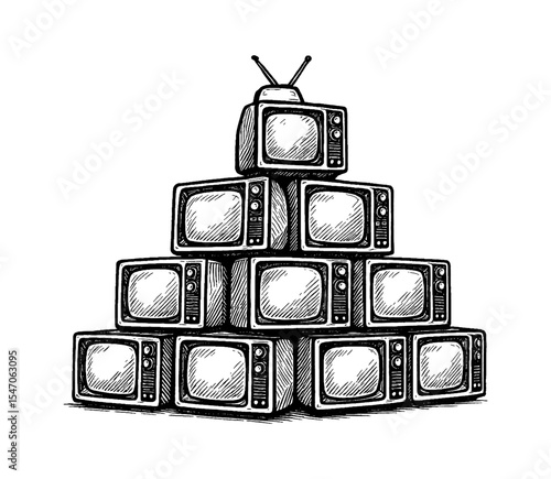 Stack of Old Televisions in Black and White Engraved Illustration Style for Media Concept