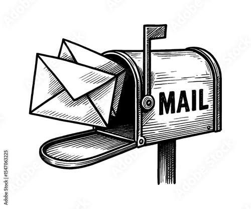 Mailbox overflowing with letters in detailed black and white engraving style illustration