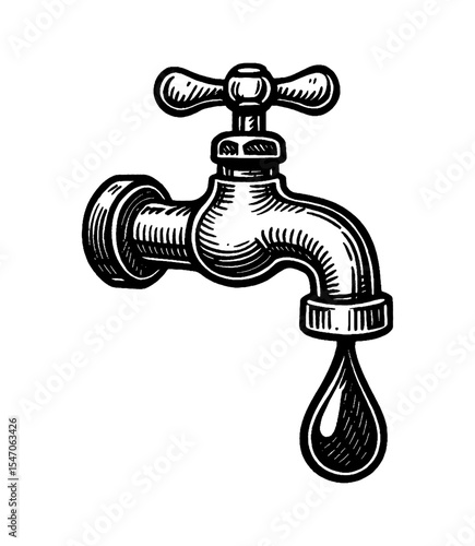Vintage Style Illustration of a Metal Water Faucet with Dripping Water Drop in Black and White