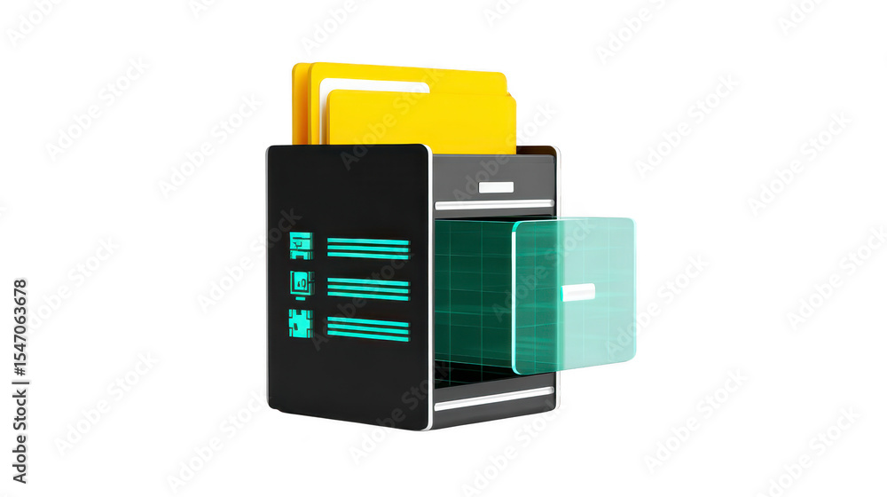 Digital illustration of futuristic file cabinet with glowing elements and transparent drawer, showcasing modern and innovative design Digital illustration of futuristic file cabinet with glowing elements and transparent drawer, showcasing modern and innovative design