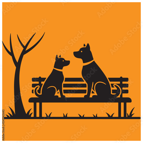 Two dogs sitting on park bench silhouette against orange background in vector illustration